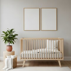 Minimalist nursery featuring a light wooden crib and simple decor elements. illustration