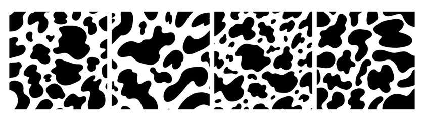 Fototapeta premium Black and White Cow Stain Seamless Square Pattern Set. Cow Spot Texture Animal Skin Surface Pattern Kit. Vector Animalistic Repeat Background