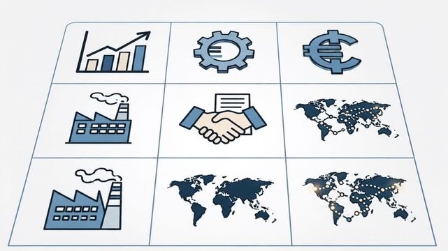 Business icon grid with global industry and financial symbols
