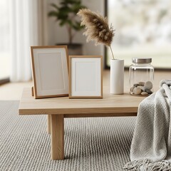 Minimalist coffee table with decorative framed mirrors and natural elements illustration