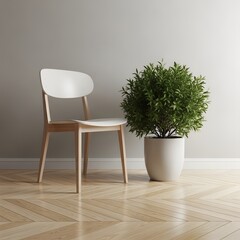 Minimalist chair paired with a potted green plant on wooden flooring illustration