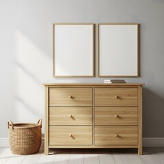 Minimalist wooden cabinet with two framed artworks and a woven basket beside it illustration