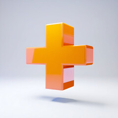 Obraz premium Glossy 3D orange plus symbol floating on a soft neutral background, casting a subtle shadow. Modern, vibrant, and minimal design perfect for healthcare, positivity, addition, or user interface concept