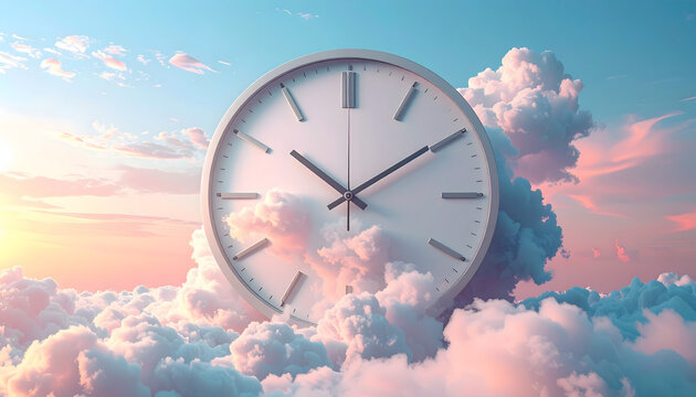Surreal concept of time with a large wall clock floating among soft clouds in a pastel sky