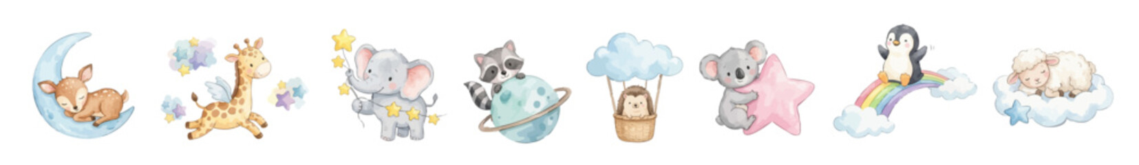 Watercolor cute baby animals and space. Nursery watercolor clipart of baby animals clouds, rainbow and shooting star. Collection of Vector illustrations. Perfect for invitation, card, poster, banner © maria