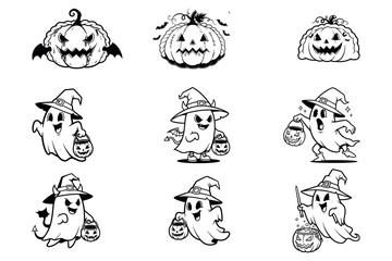 Fototapeta premium Cute Halloween Ghost & Jack O Lantern Coloring Pages Bundle – 9 Black and White Cartoon Illustrations, Trick or Treat Clipart Set, Printable Kids Activity Sheet