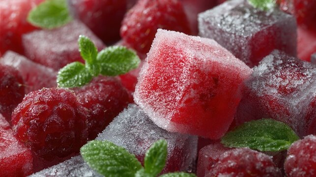 top-down view of frozen fruit cubes with raspberries and fresh mint leaves, covered in frost, shallow depth of field emphasizing vibrant colors and textures, photorealistic food photography
