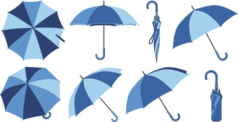 Blue Umbrella Icon Set Featuring Open Closed and Folded Parasols in Different Angles for Weather Forecast Seasonal Rain Protection and Fashion Accessory Graphic Designs © Yousuf