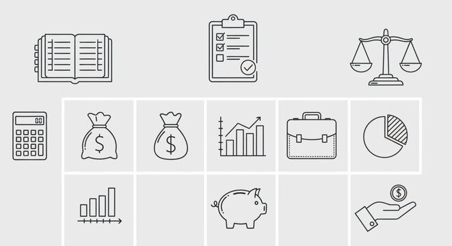 Financial icons and business symbols.