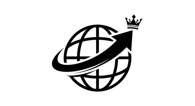 Globe with arrow and crown symbol.