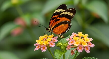 Obraz premium Vibrant Tiger Longwing Butterfly Sipping Nectar from Colorful Lantana Flowers in Lush Garden