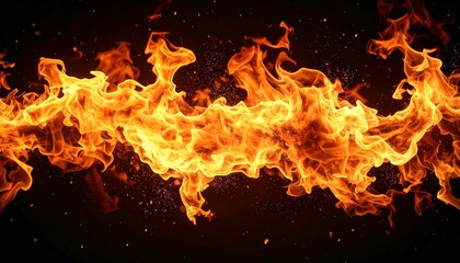 Fiery flames roar on a black background, sending sparks shooting into the air.