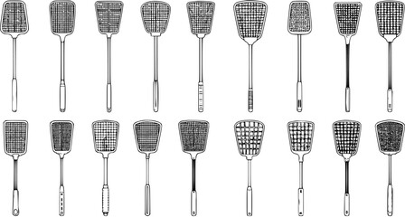Hand-drawn line art collection of vintage fly swatters and insect paddles in various designs on white background © pixsource
