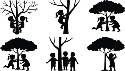 Children Playing Around Trees Silhouette Collection, Kids Climbing Hiding Scene, Outdoor Nature Black Vector Illustration Isolated