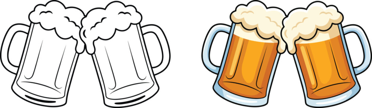 Two cartoon beer mugs one in color and one in black and white