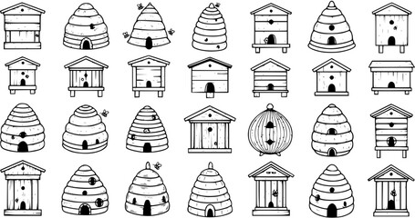 Collection of diverse cartoon outline beehives and bee houses, illustrating various styles for honey production and bee care. © pixsource