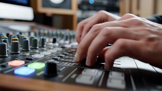 Hand adjusting fader on audio mixer in professional recording studio