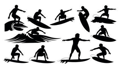 Collection of Silhouettes of Surfers Riding Waves and Boards.