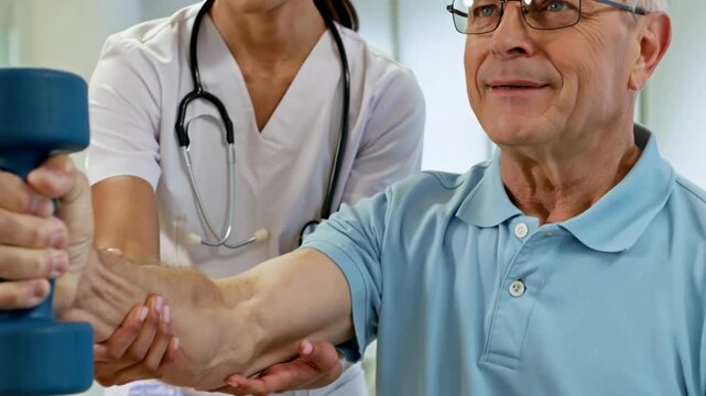 Female physiotherapist assisting a senior male patient with arm exercises using a dumbbell in a modern rehabilitation center
