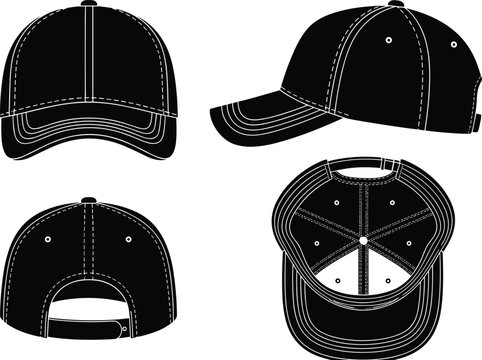 Baseball cap silhouette set in multiple views, front side back and top snapback hat mockup isolated on white background vector illustration