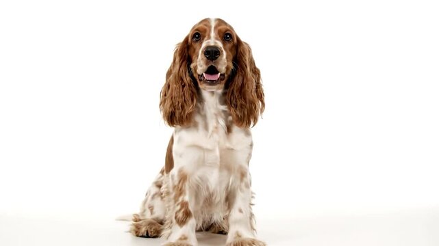 A brown and white spaniel dog facing forward, isolated on a white backdrop