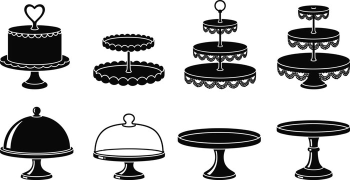 Cake stand and dessert display silhouette set with cloche covers, tiered trays and bakery presentation plates isolated on white background vector illustration