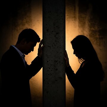 Silhouetted couple separated by concrete pillar with warm backlight