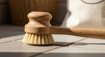 Wooden Dish Brush Close-Up: Natural Bristles, Textured Handle, Warm Sunlight