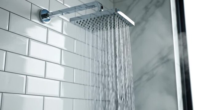 Modern square shower head flowing water in a clean bathroom