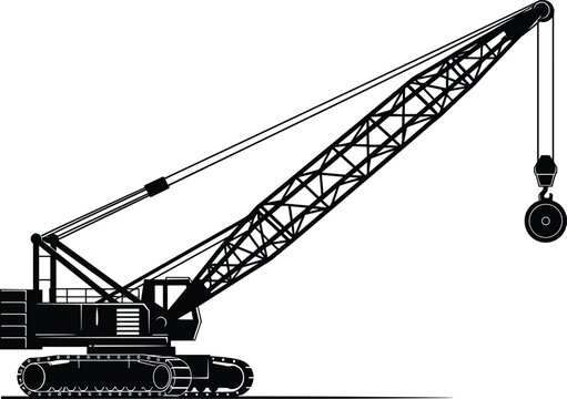 Crawler crane silhouette with lattice boom and hook, heavy construction machinery isolated on white background industrial vector illustration