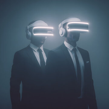 Two figures immersed in futuristic VR headsets against a blurred backdrop, embodying the blend of technology, and visionary innovation. 