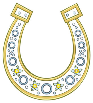Lucky Horseshoe Cartoon Illustration with Floral and Circle Pattern Design