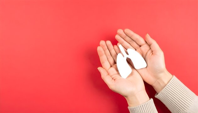 Hands holding a white lung model symbolizing tuberculosis, tbc, and respiratory health awareness on a red background