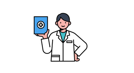 Medical professional in white coat holding a blue folder with a medical cross symbol