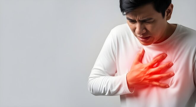 Portrait of young man suffering from severe chest pain with glowing red heart area, studio medical concept showing symptoms of heart attack