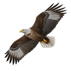 Obraz premium Majestic bald eagle soaring gracefully with outstretched wings against a clear sky.