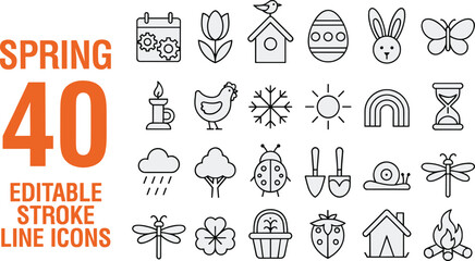 Spring editable stroke line icons set, seasonal outline vector collection with flowers, Easter symbols, weather, gardening elements © Hello World