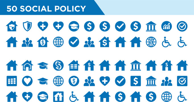 Social policy icon set for government welfare services including housing healthcare education disability support financial aid and community development blue icons
