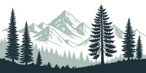 Fototapeta premium Alpine Forest with Snow Peaks Flat Vector on White Background