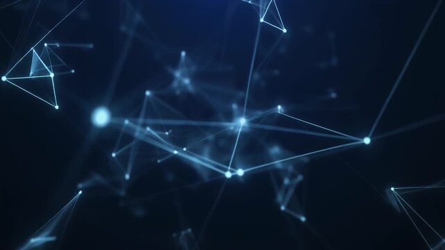 Network connections and data transfer visualized through glowing blue lines and dots in a dark space environment from a distant viewpoint