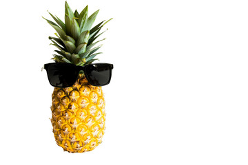 Cool ripe pineapple wearing black sunglasses isolated on transparent or white background, png