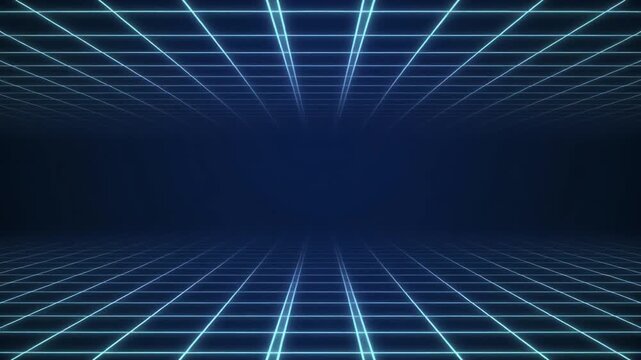 Futuristic grid pattern stretching into dark blue distance with glowing lines