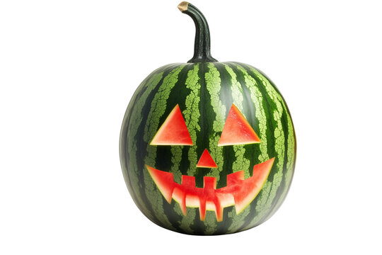 Creative Halloween Jack-o-lantern carved from a whole watermelon isolated on transparent or white background, png