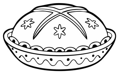 Festive decorated pie in an ornate bowl, black and white line art for coloring book page