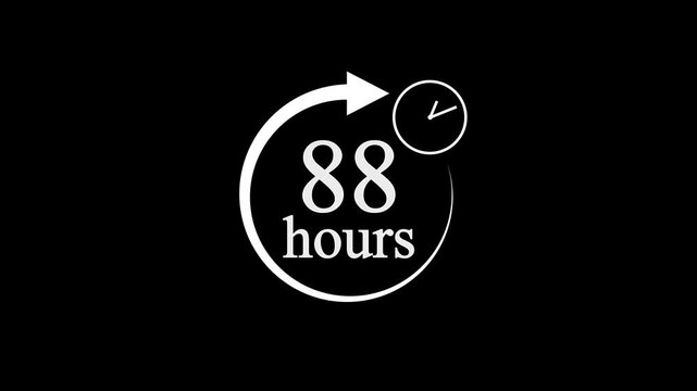 88 Hours Countdown Timer Animation. Stopwatch Clock icon with 88 Hour&rsquo;s Time Management on Black Background. 4k video.