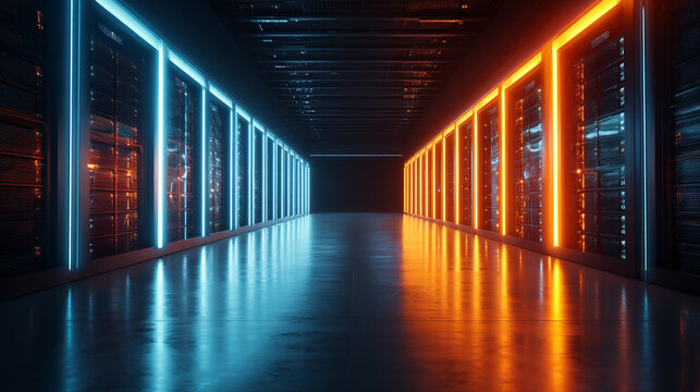 A futuristic server room with rows of illuminated computer servers in blue and orange lights