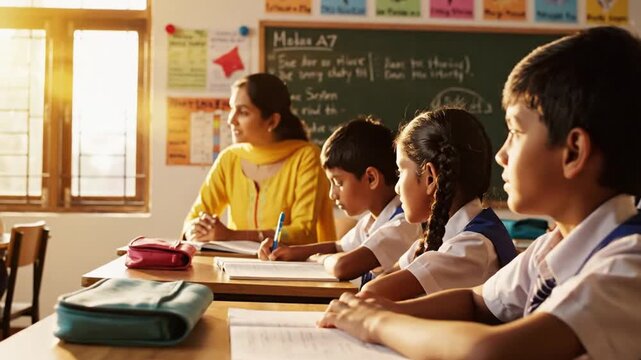 Indian school children listen attentively to female teacher in bright classroom