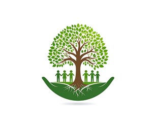 Obraz premium A tree with green leaves and a brown trunk stands on a green half-circle base with white lines, surrounded by small human figures