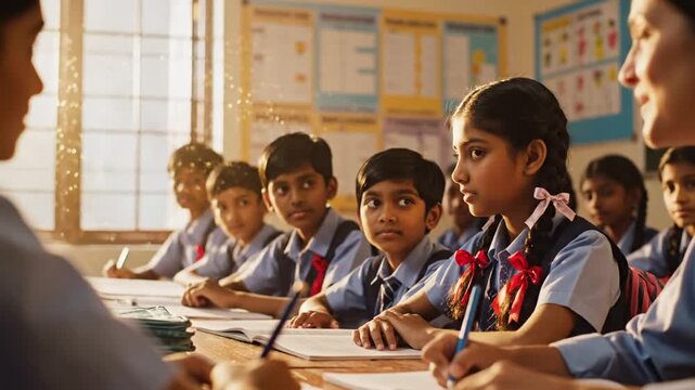 Indian School Children Learning in Classroom with Teacher during Lesson