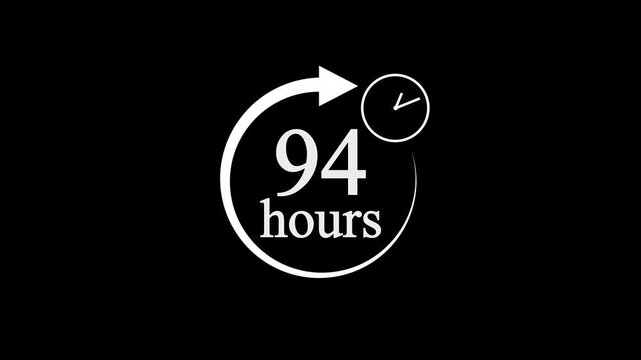 94 Hours Countdown Timer Animation. Stopwatch Clock icon with 94 Hour&rsquo;s Time Management on Black Background. 4k video.